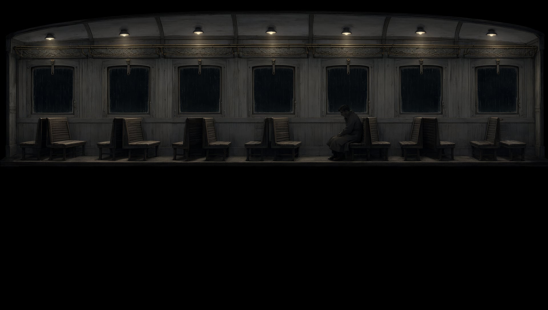 A lone figure sits in a long, dim train car at night.