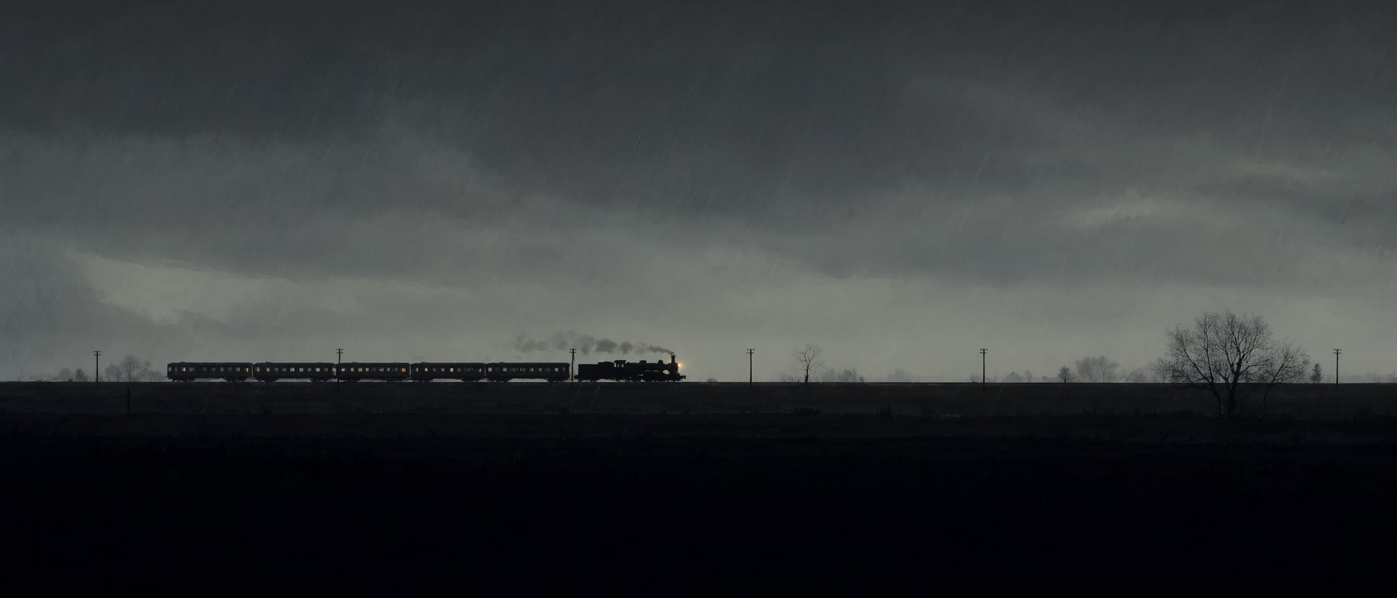 A small train crosses dark countryside under rain.